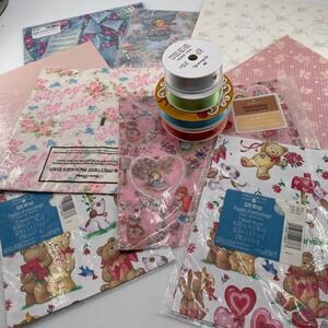 Hallmark American Greetings Vintage Gift Wrap Ribbon Lot Pink Floral Bear 1980s